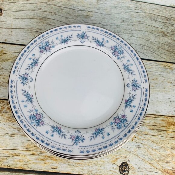 Seizan China BLUE DAWN Blue Purple Flowers Platinum Trim Salad Plates Set of 7 - Picture 4 of 11